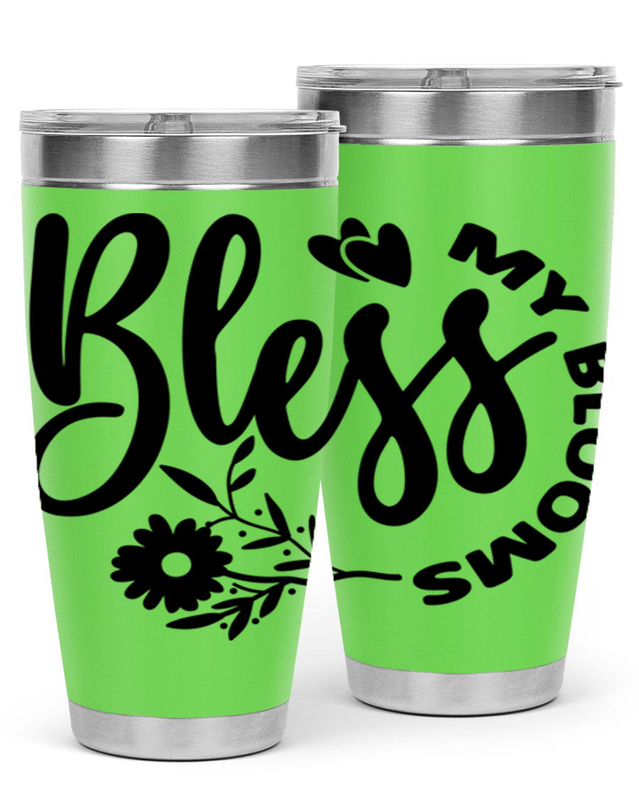 Bless My Blooms47# Spring Tumbler in stainless steel with floral design, showcasing its double wall vacuum insulation and drink-thru lid.