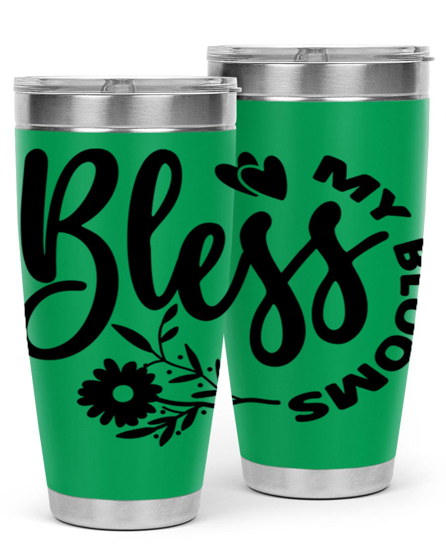 Bless My Blooms47# Spring Tumbler in stainless steel with floral design, showcasing its double wall vacuum insulation and drink-thru lid.