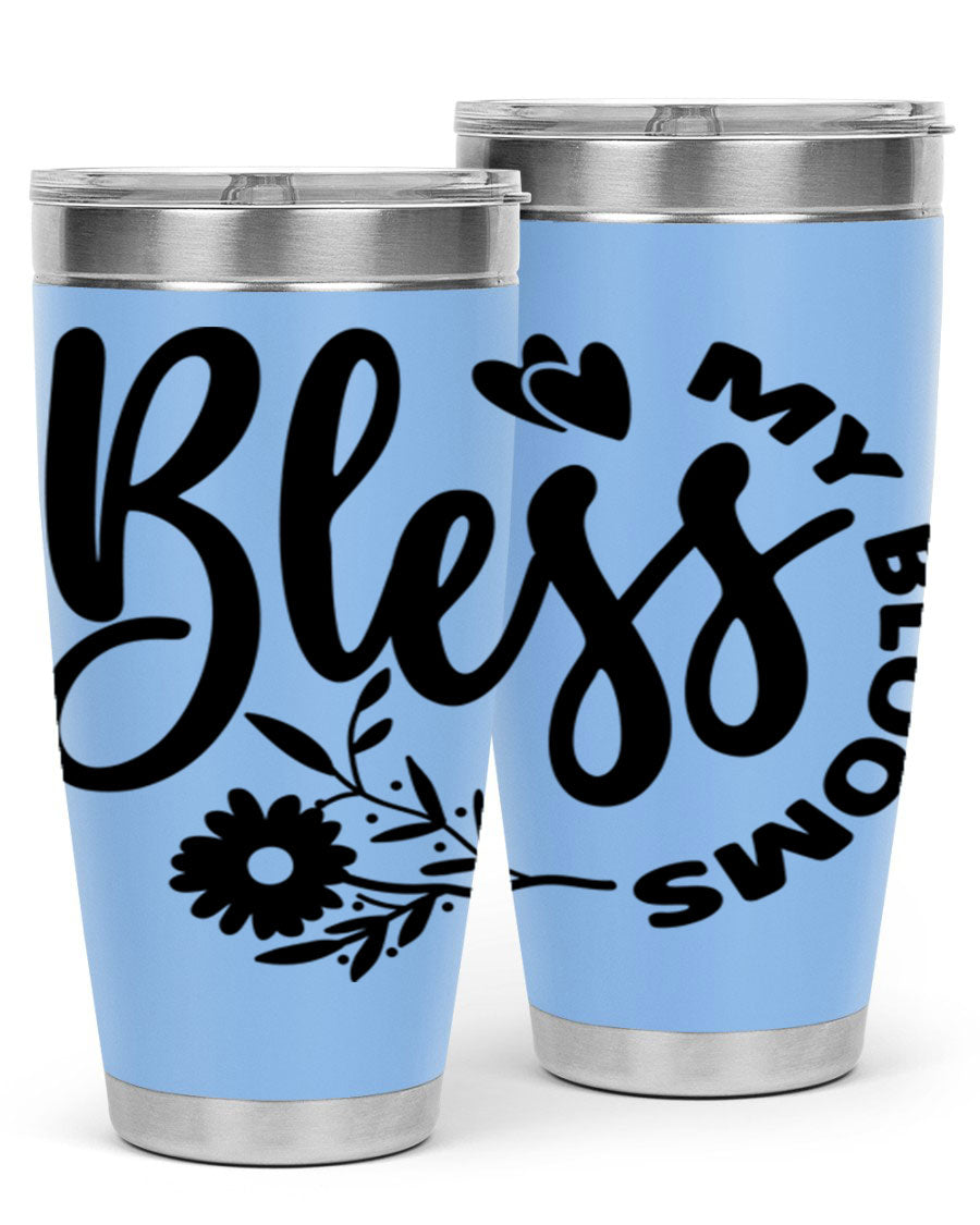 Bless My Blooms47# Spring Tumbler in stainless steel with floral design, showcasing its double wall vacuum insulation and drink-thru lid.