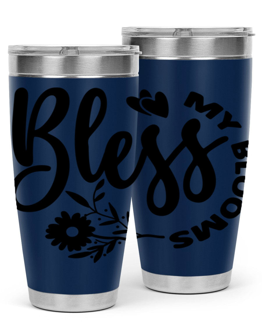 Bless My Blooms47# Spring Tumbler in stainless steel with floral design, showcasing its double wall vacuum insulation and drink-thru lid.