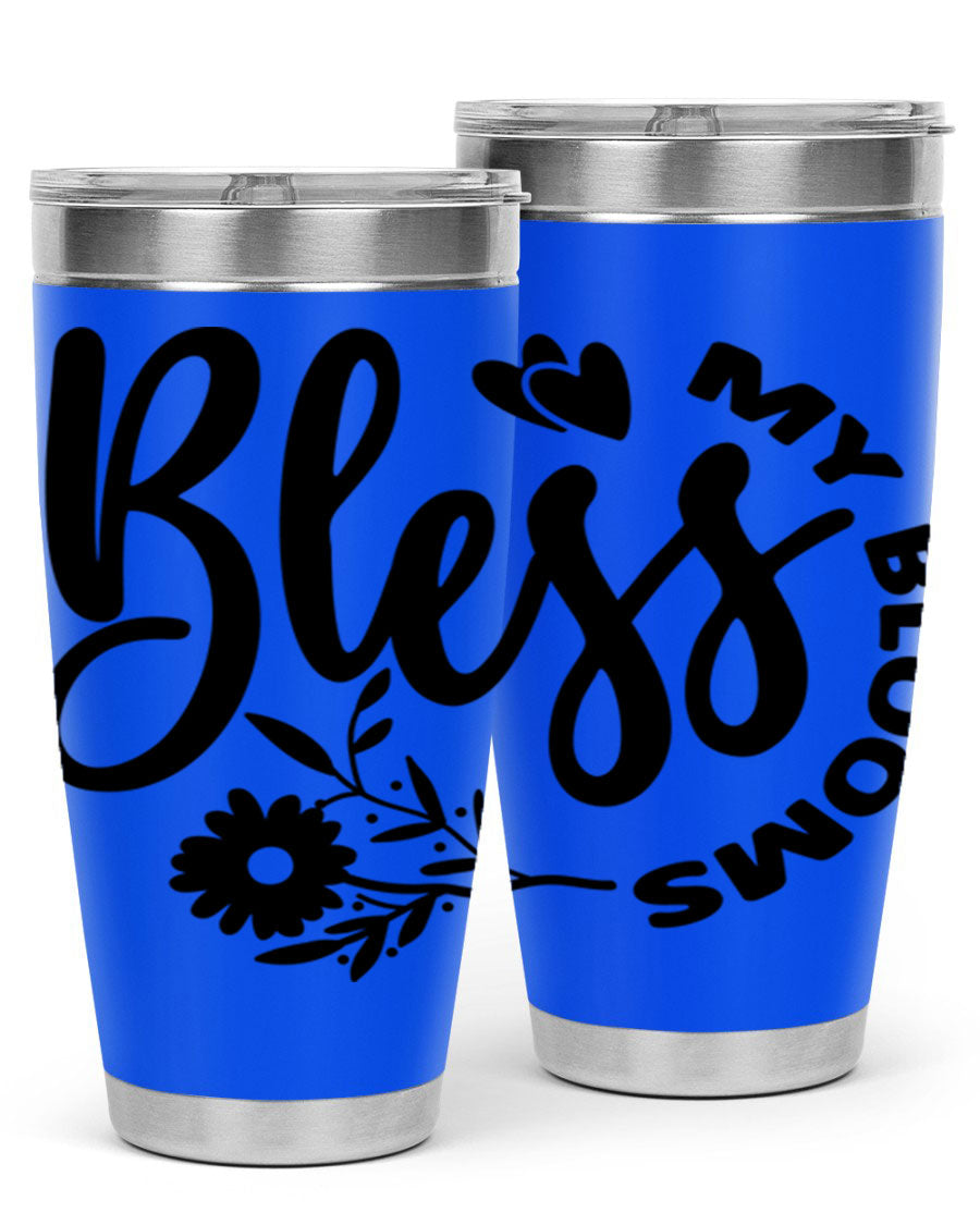 Bless My Blooms47# Spring Tumbler in stainless steel with floral design, showcasing its double wall vacuum insulation and drink-thru lid.