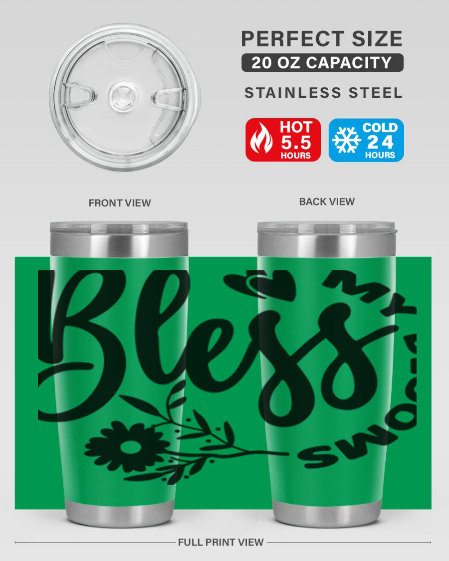 Bless My Blooms47# Spring Tumbler in stainless steel with floral design, showcasing its double wall vacuum insulation and drink-thru lid.