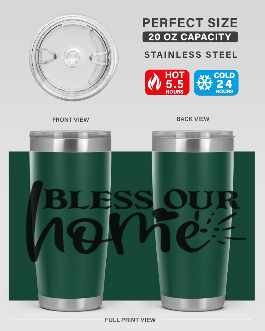 Bless Our Home 20oz Tumbler made of stainless steel with a copper lining, featuring a drink-thru lid, ideal for hot and cold beverages.