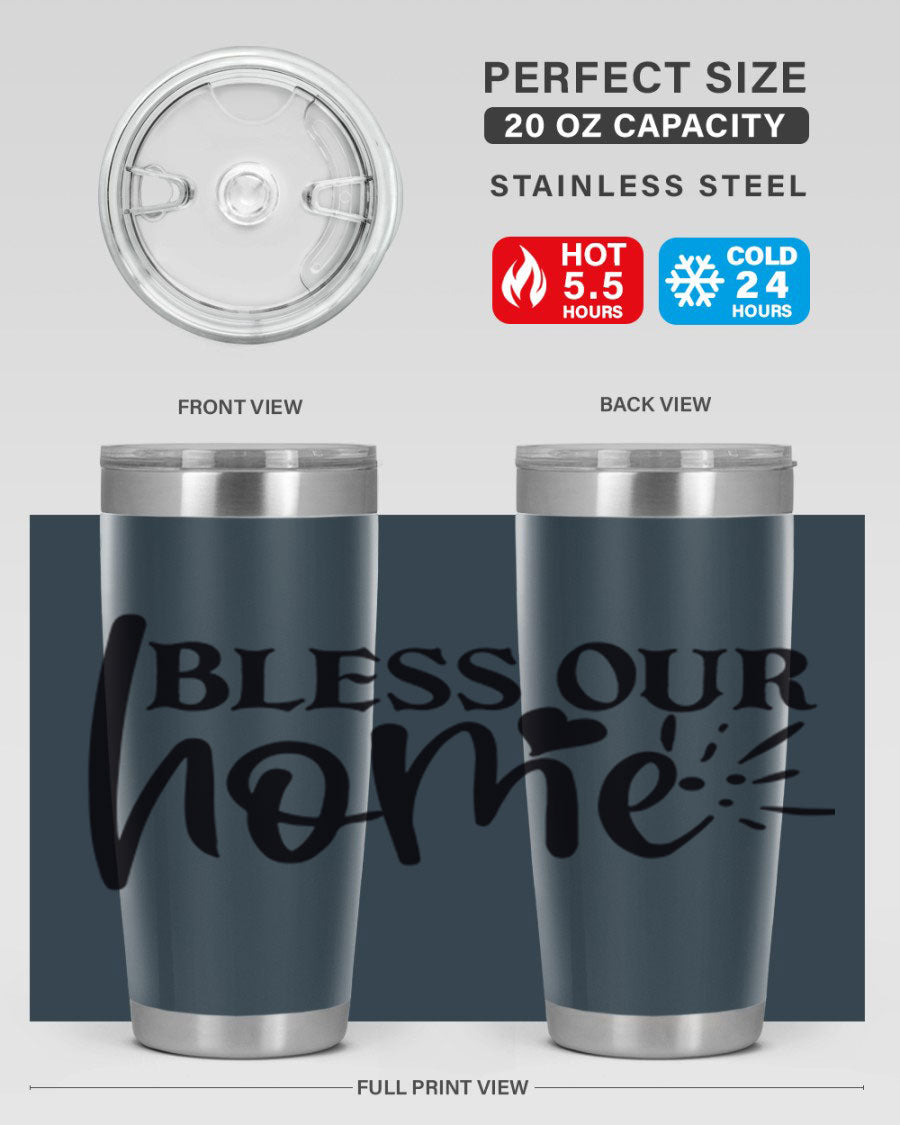 Bless Our Home 20oz Tumbler made of stainless steel with a copper lining, featuring a drink-thru lid, ideal for hot and cold beverages.