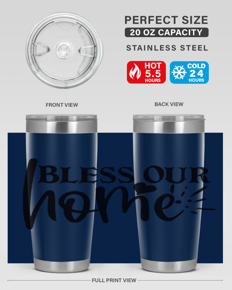 Bless Our Home 20oz Tumbler made of stainless steel with a copper lining, featuring a drink-thru lid, ideal for hot and cold beverages.