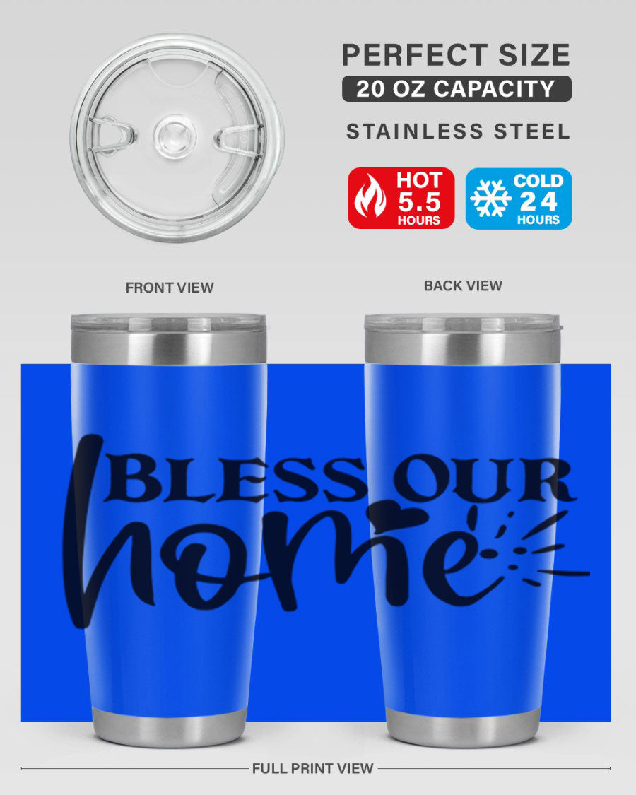 Bless Our Home 20oz Tumbler made of stainless steel with a copper lining, featuring a drink-thru lid, ideal for hot and cold beverages.