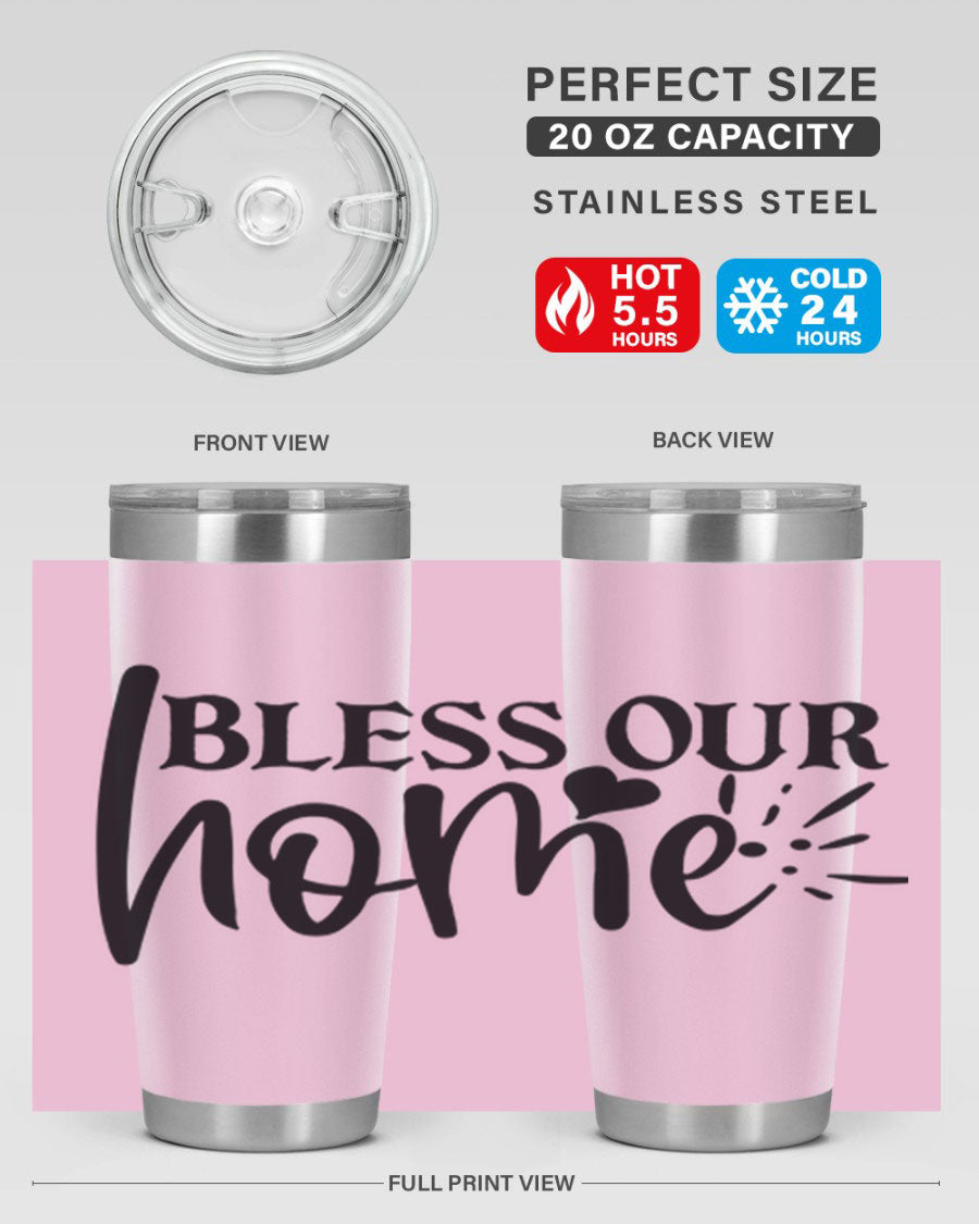 Bless Our Home 20oz Tumbler made of stainless steel with a copper lining, featuring a drink-thru lid, ideal for hot and cold beverages.