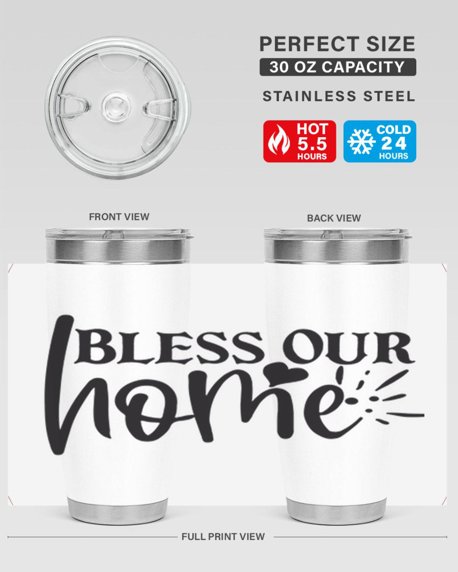 Bless Our Home 20oz Tumbler made of stainless steel with a copper lining, featuring a drink-thru lid, ideal for hot and cold beverages.