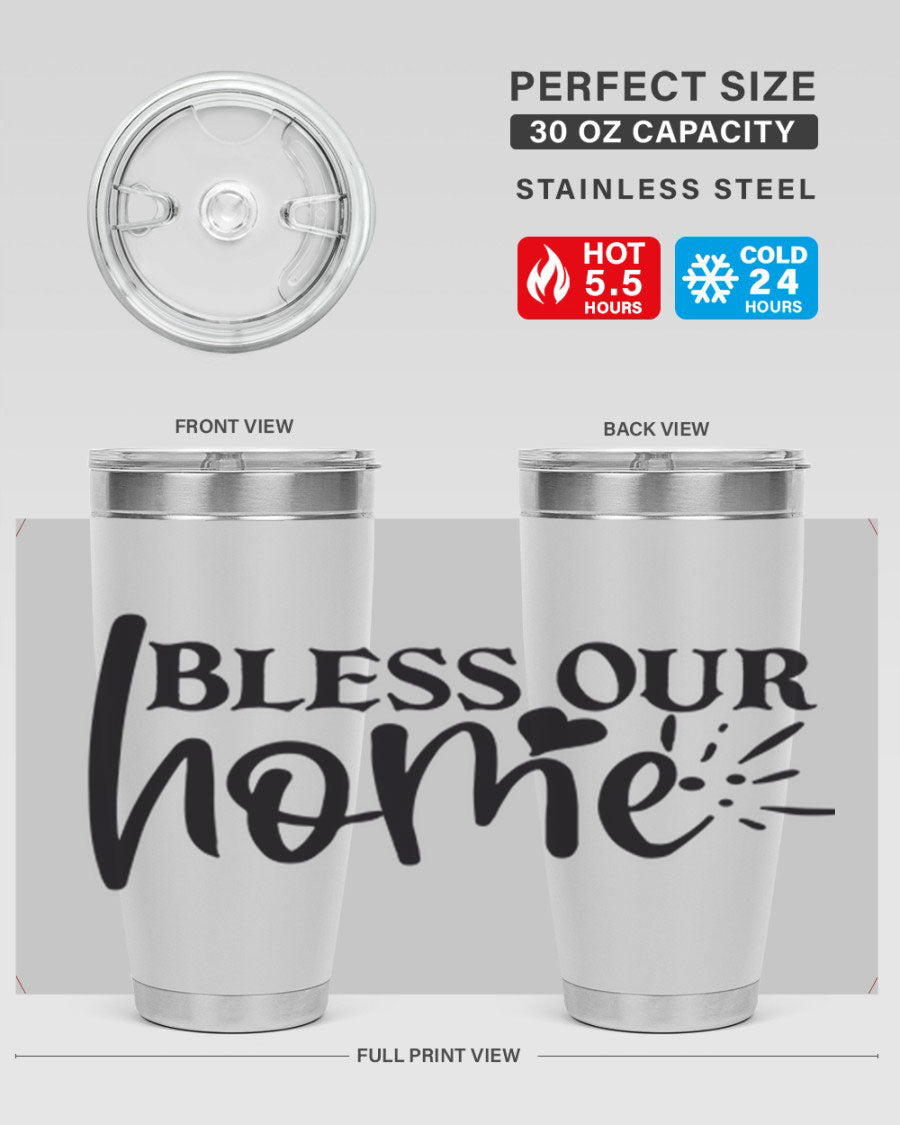 Bless Our Home 20oz Tumbler made of stainless steel with a copper lining, featuring a drink-thru lid, ideal for hot and cold beverages.