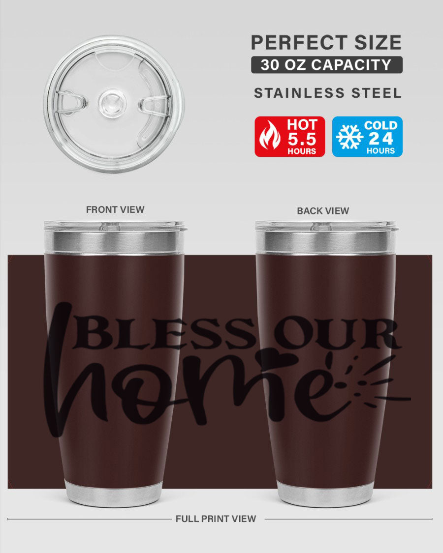 Bless Our Home 20oz Tumbler made of stainless steel with a copper lining, featuring a drink-thru lid, ideal for hot and cold beverages.