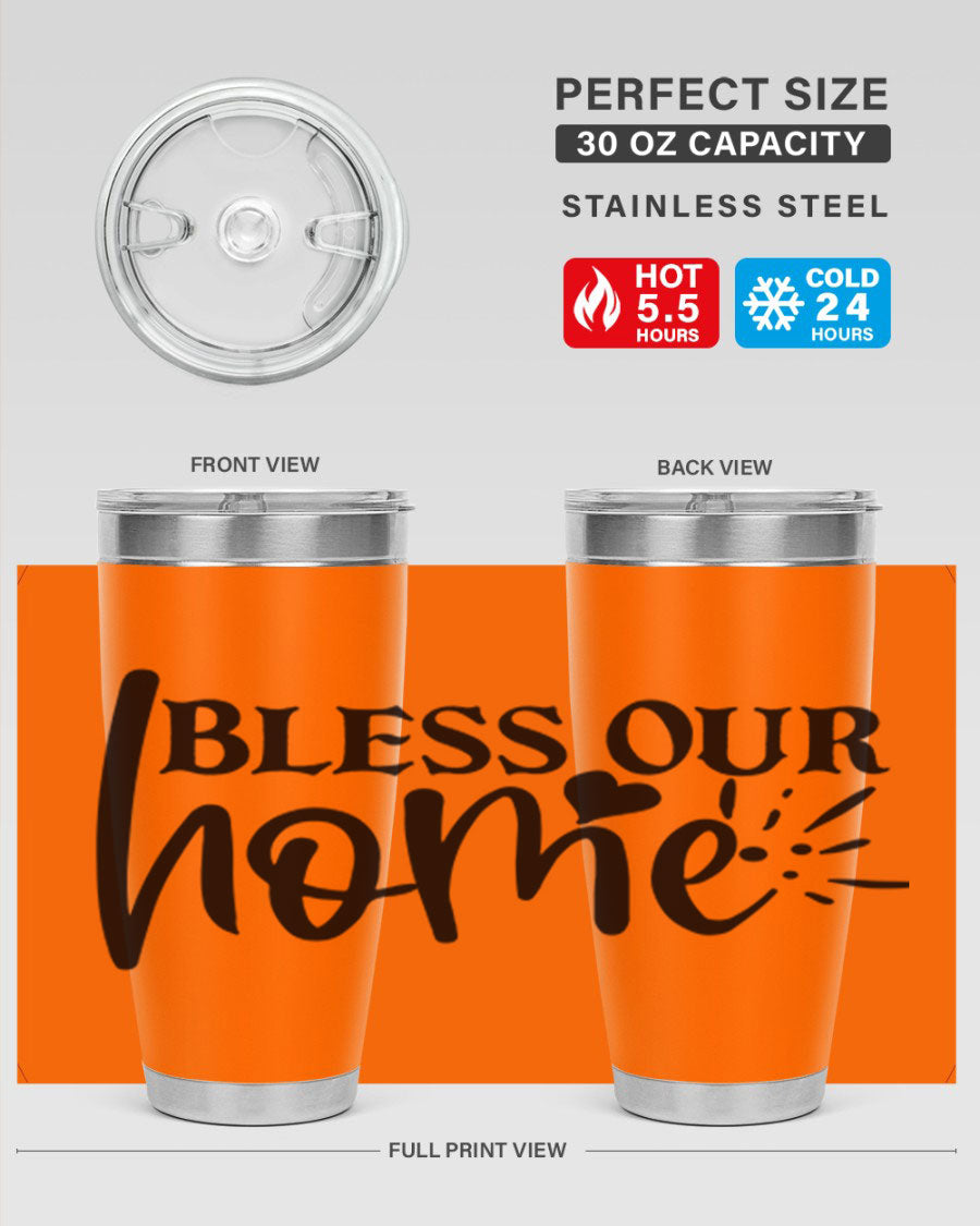 Bless Our Home 20oz Tumbler made of stainless steel with a copper lining, featuring a drink-thru lid, ideal for hot and cold beverages.