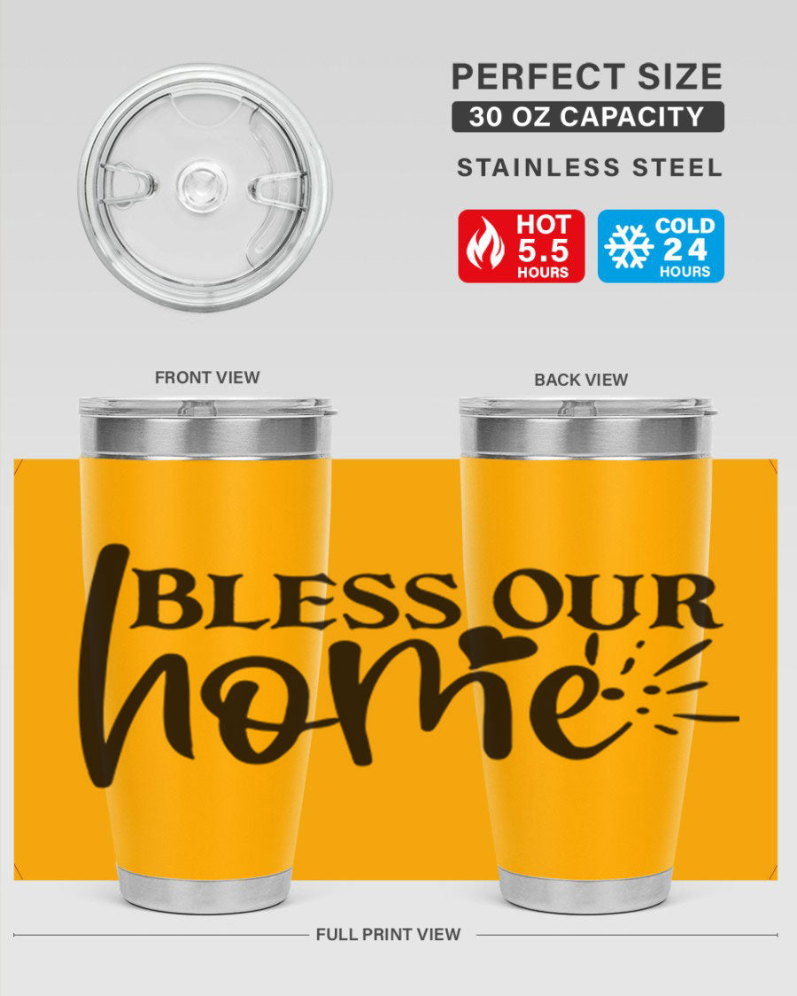 Bless Our Home 20oz Tumbler made of stainless steel with a copper lining, featuring a drink-thru lid, ideal for hot and cold beverages.