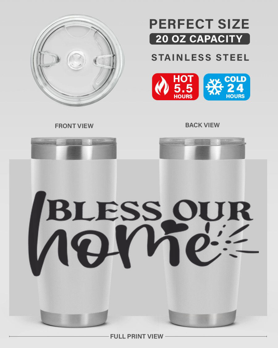 Bless Our Home 20oz Tumbler made of stainless steel with a copper lining, featuring a drink-thru lid, ideal for hot and cold beverages.