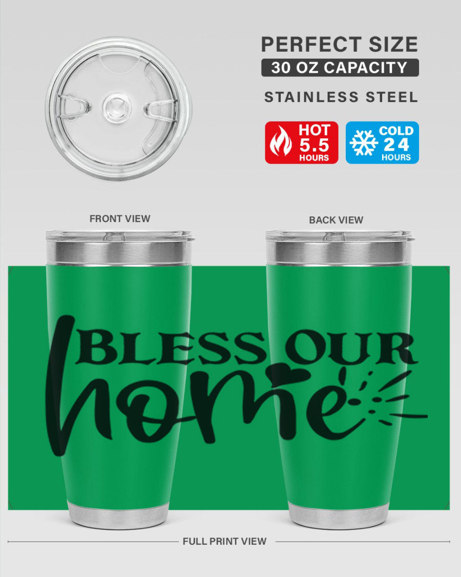 Bless Our Home 20oz Tumbler made of stainless steel with a copper lining, featuring a drink-thru lid, ideal for hot and cold beverages.