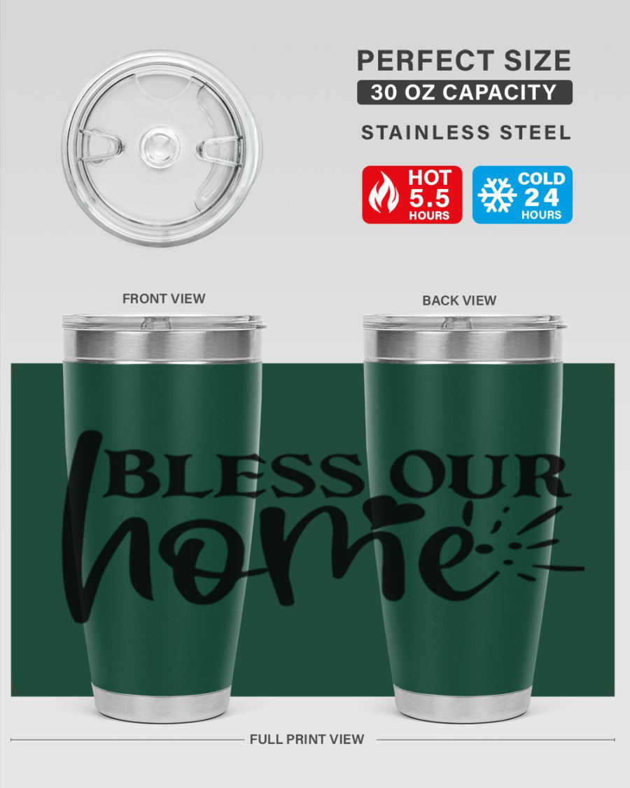 Bless Our Home 20oz Tumbler made of stainless steel with a copper lining, featuring a drink-thru lid, ideal for hot and cold beverages.