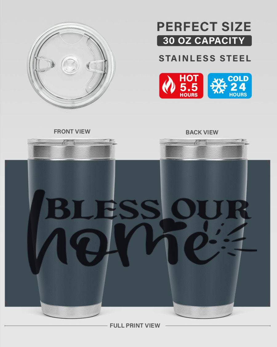 Bless Our Home 20oz Tumbler made of stainless steel with a copper lining, featuring a drink-thru lid, ideal for hot and cold beverages.