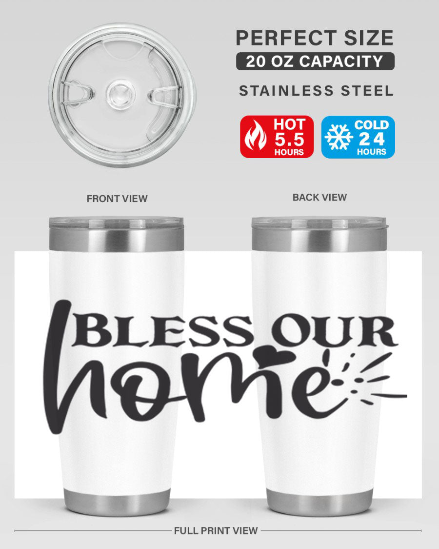 Bless Our Home 20oz Tumbler made of stainless steel with a copper lining, featuring a drink-thru lid, ideal for hot and cold beverages.