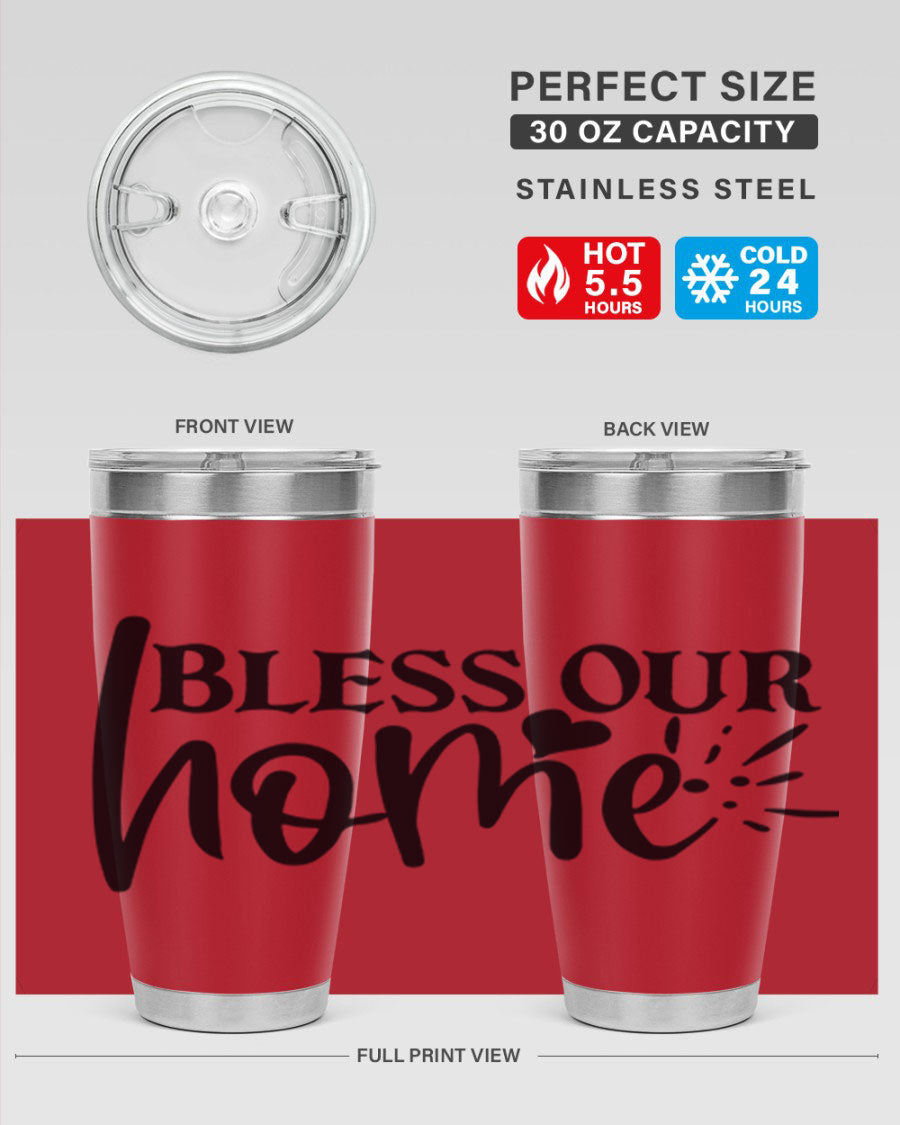 Bless Our Home 20oz Tumbler made of stainless steel with a copper lining, featuring a drink-thru lid, ideal for hot and cold beverages.