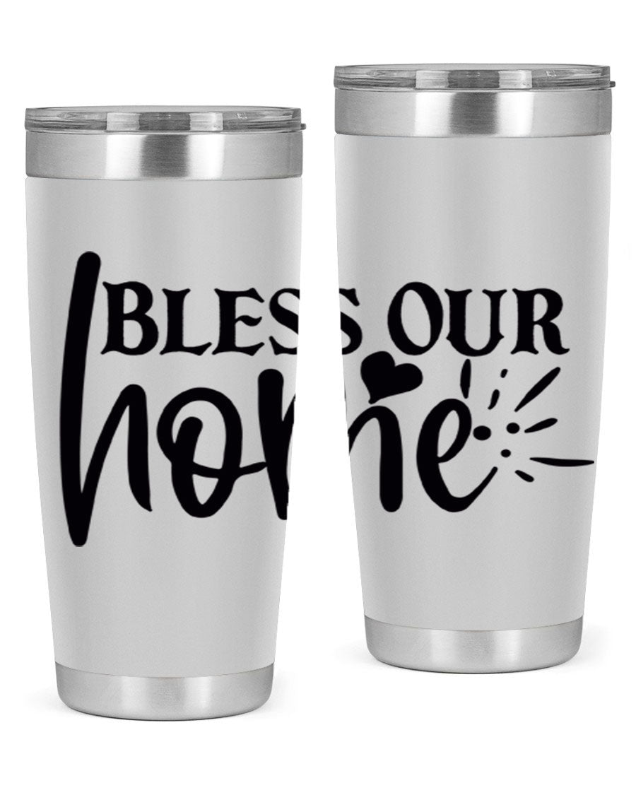 Bless Our Home 20oz Tumbler made of stainless steel with a copper lining, featuring a drink-thru lid, ideal for hot and cold beverages.