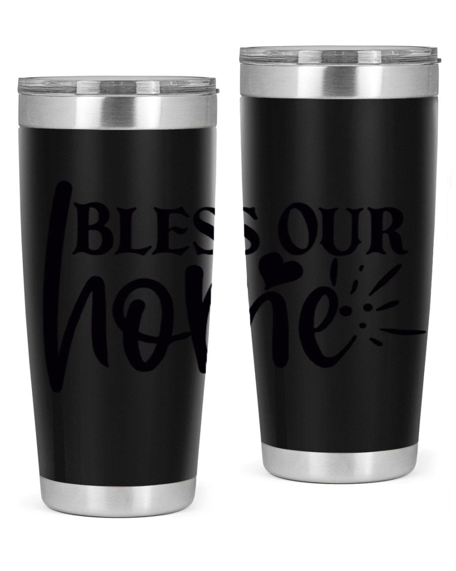 Bless Our Home 20oz Tumbler made of stainless steel with a copper lining, featuring a drink-thru lid, ideal for hot and cold beverages.