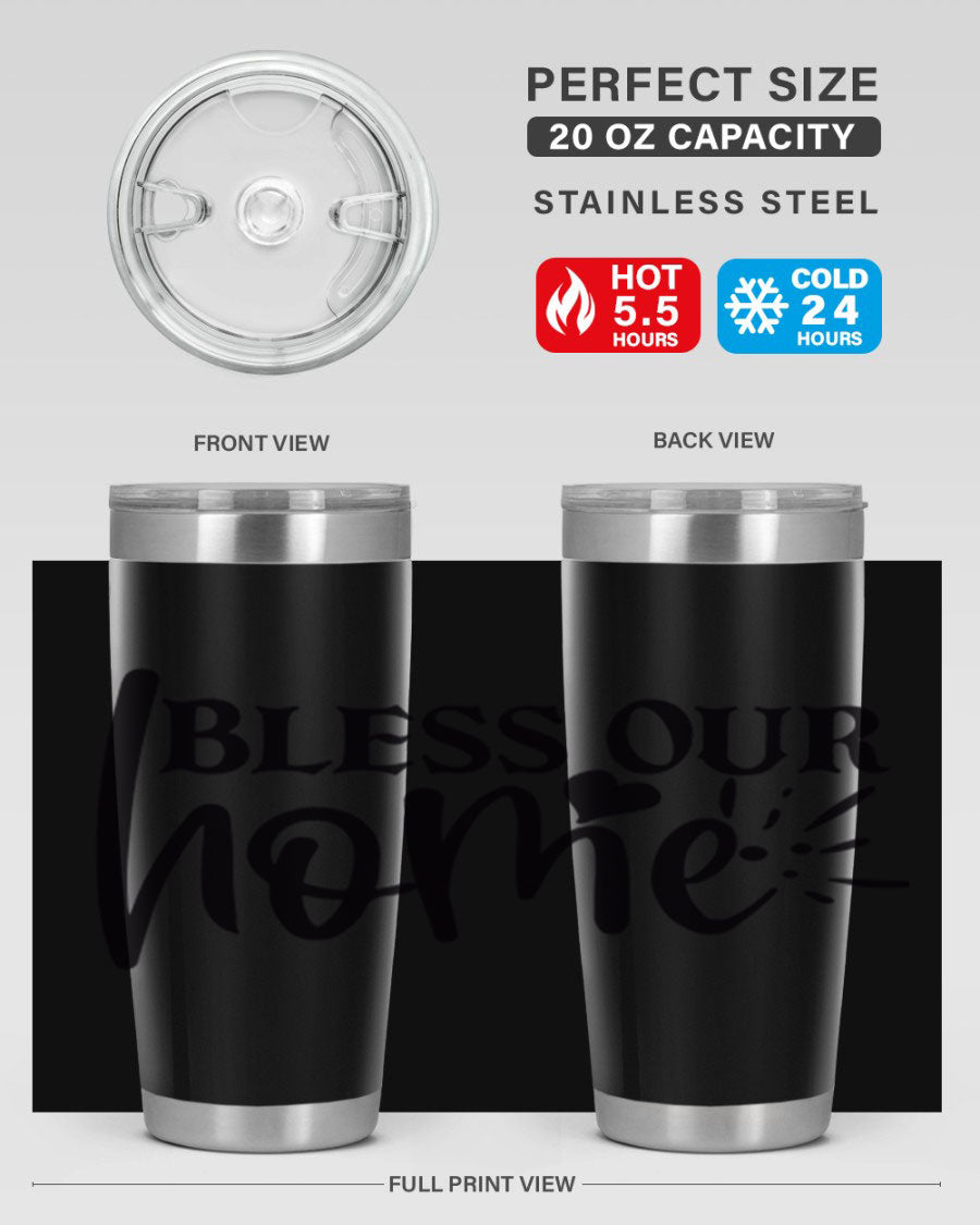 Bless Our Home 20oz Tumbler made of stainless steel with a copper lining, featuring a drink-thru lid, ideal for hot and cold beverages.