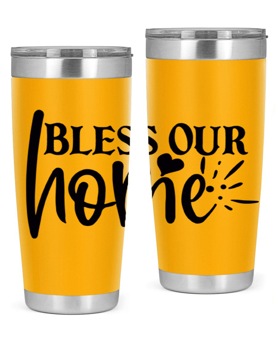 Bless Our Home 20oz Tumbler made of stainless steel with a copper lining, featuring a drink-thru lid, ideal for hot and cold beverages.