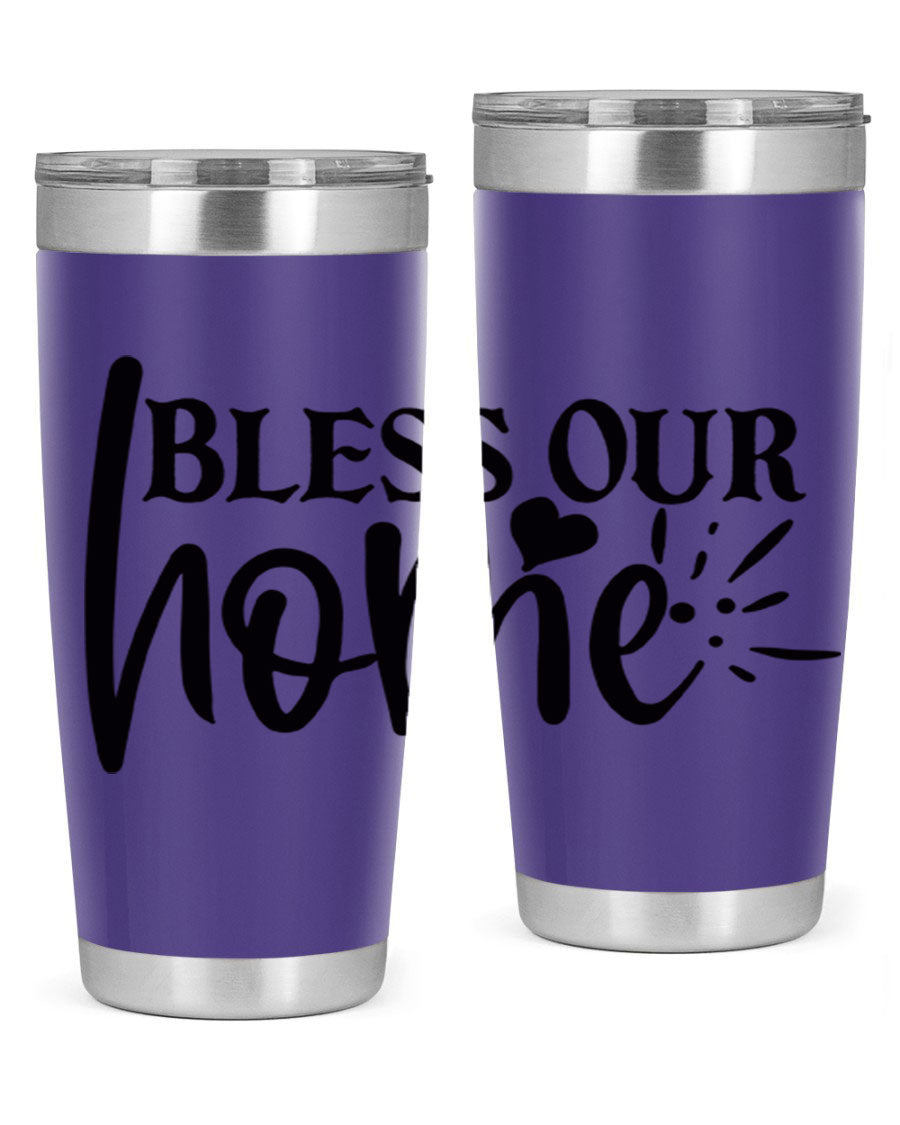 Bless Our Home 20oz Tumbler made of stainless steel with a copper lining, featuring a drink-thru lid, ideal for hot and cold beverages.