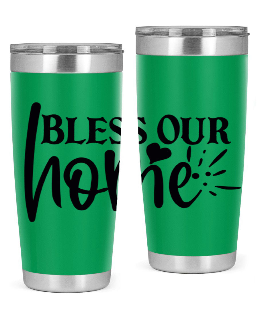 Bless Our Home 20oz Tumbler made of stainless steel with a copper lining, featuring a drink-thru lid, ideal for hot and cold beverages.