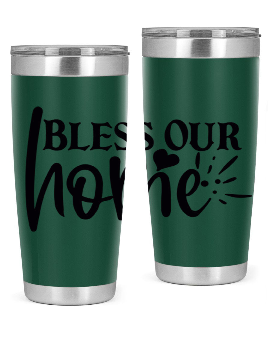 Bless Our Home 20oz Tumbler made of stainless steel with a copper lining, featuring a drink-thru lid, ideal for hot and cold beverages.