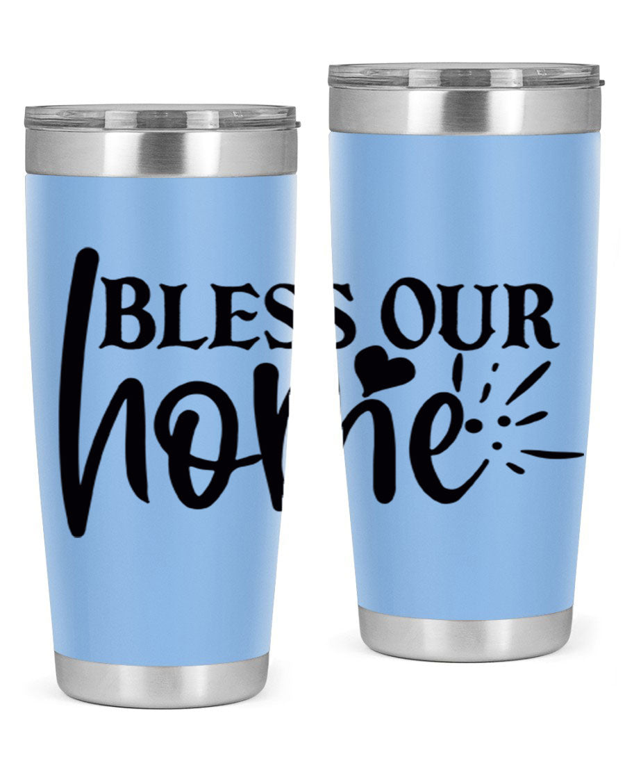 Bless Our Home 20oz Tumbler made of stainless steel with a copper lining, featuring a drink-thru lid, ideal for hot and cold beverages.