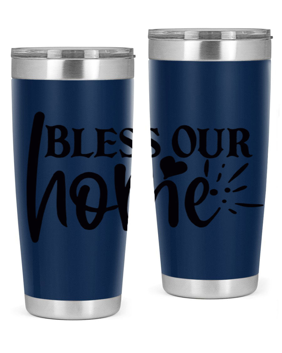 Bless Our Home 20oz Tumbler made of stainless steel with a copper lining, featuring a drink-thru lid, ideal for hot and cold beverages.