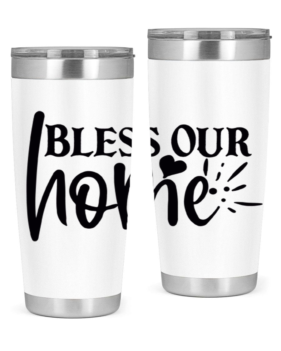 Bless Our Home 20oz Tumbler made of stainless steel with a copper lining, featuring a drink-thru lid, ideal for hot and cold beverages.