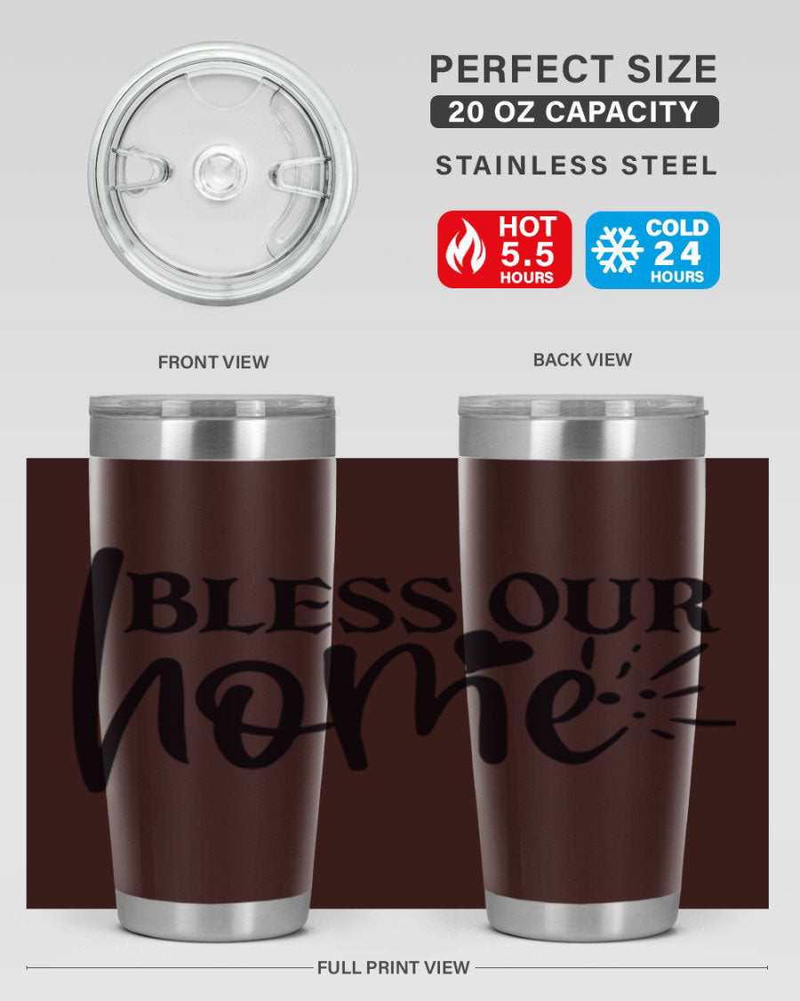 Bless Our Home 20oz Tumbler made of stainless steel with a copper lining, featuring a drink-thru lid, ideal for hot and cold beverages.