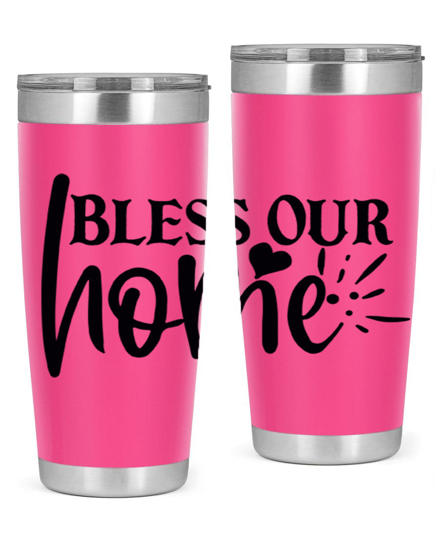 Bless Our Home 20oz Tumbler made of stainless steel with a copper lining, featuring a drink-thru lid, ideal for hot and cold beverages.