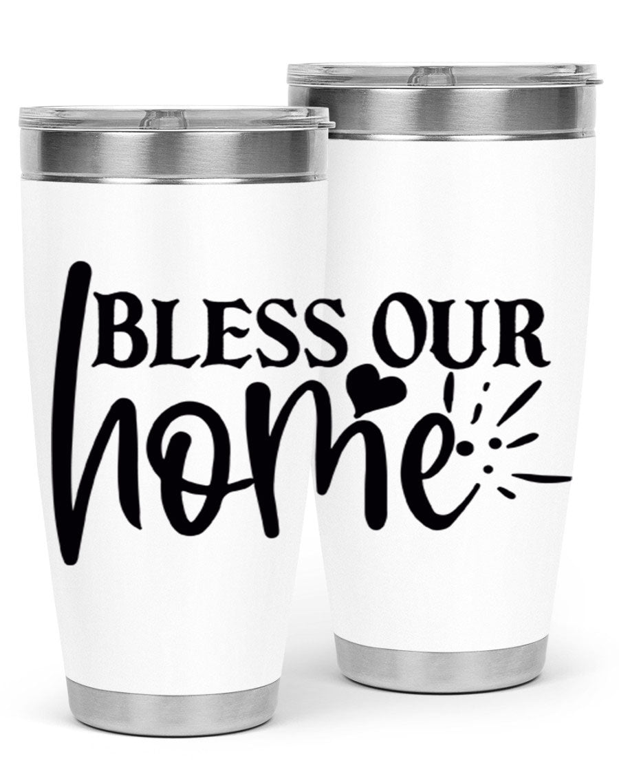 Bless Our Home 20oz Tumbler made of stainless steel with a copper lining, featuring a drink-thru lid, ideal for hot and cold beverages.