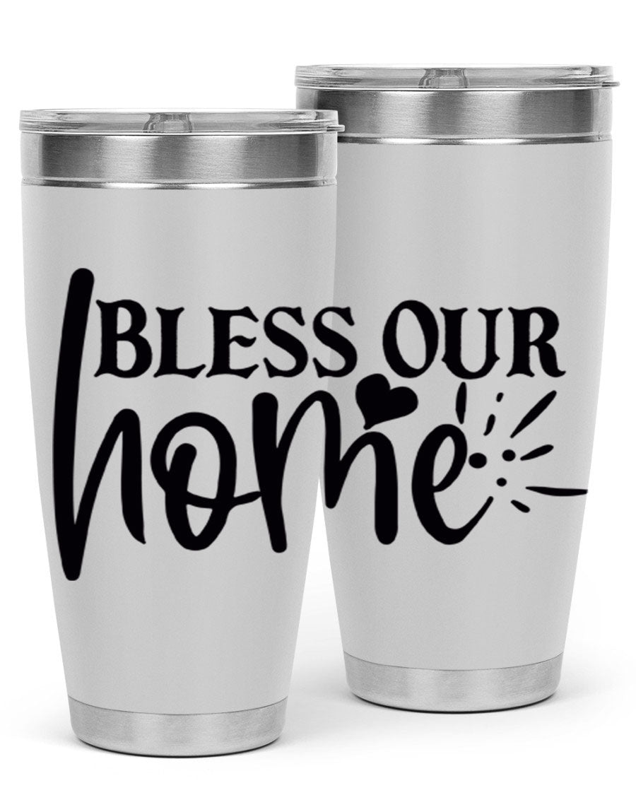 Bless Our Home 20oz Tumbler made of stainless steel with a copper lining, featuring a drink-thru lid, ideal for hot and cold beverages.