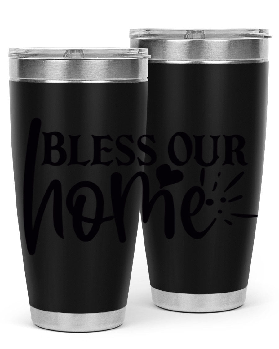 Bless Our Home 20oz Tumbler made of stainless steel with a copper lining, featuring a drink-thru lid, ideal for hot and cold beverages.