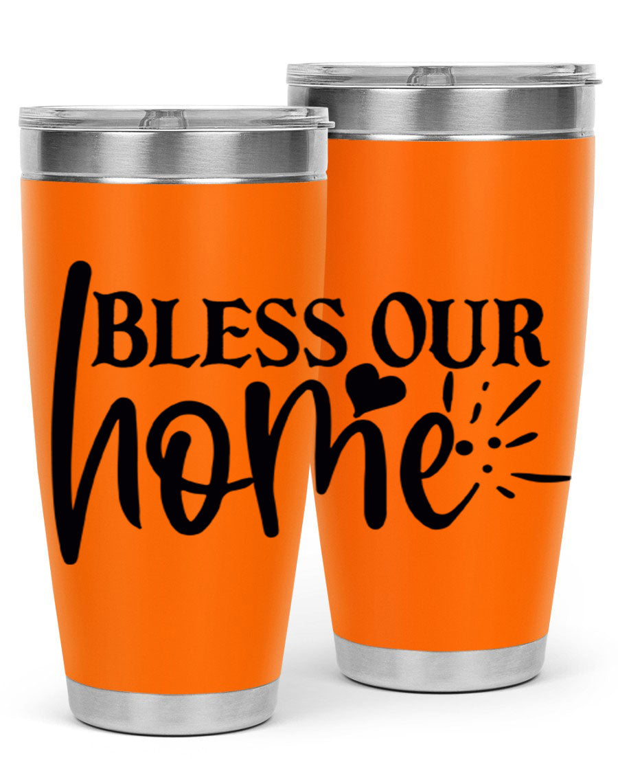 Bless Our Home 20oz Tumbler made of stainless steel with a copper lining, featuring a drink-thru lid, ideal for hot and cold beverages.