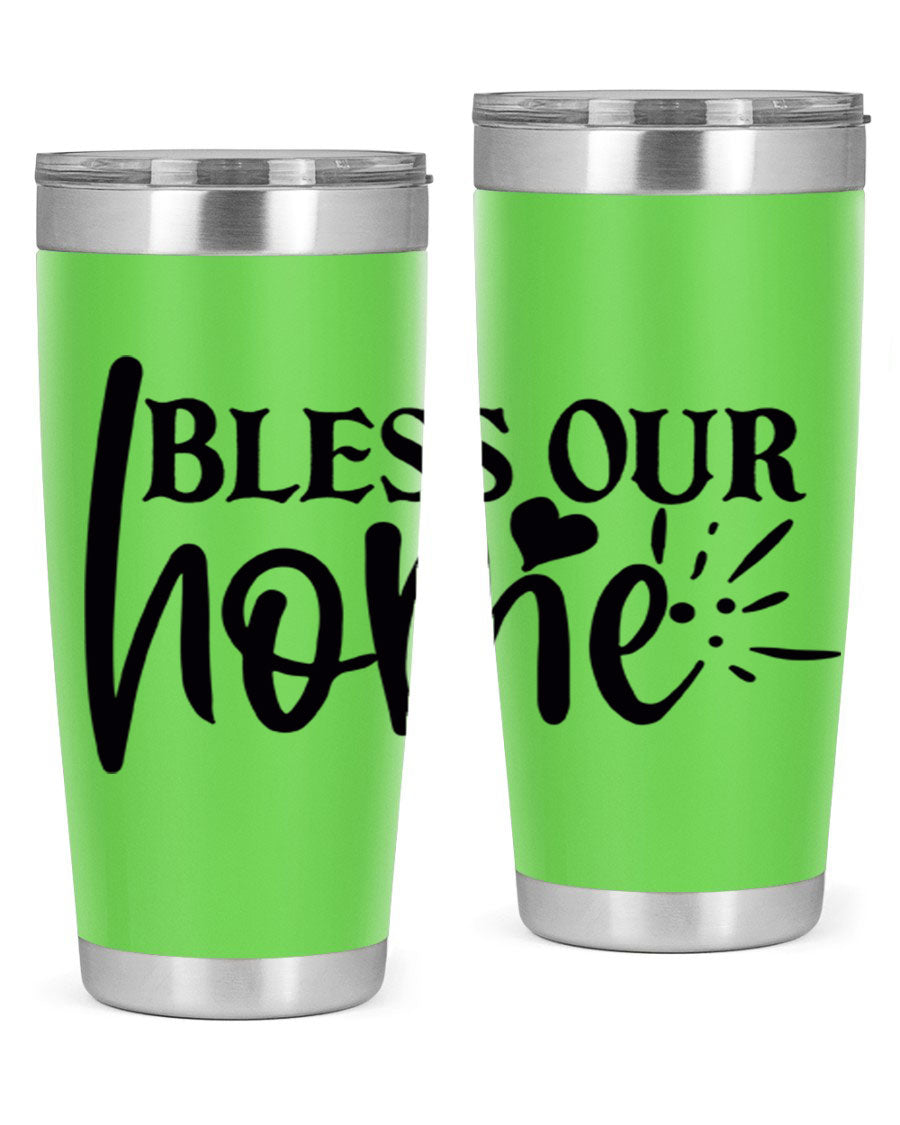 Bless Our Home 20oz Tumbler made of stainless steel with a copper lining, featuring a drink-thru lid, ideal for hot and cold beverages.