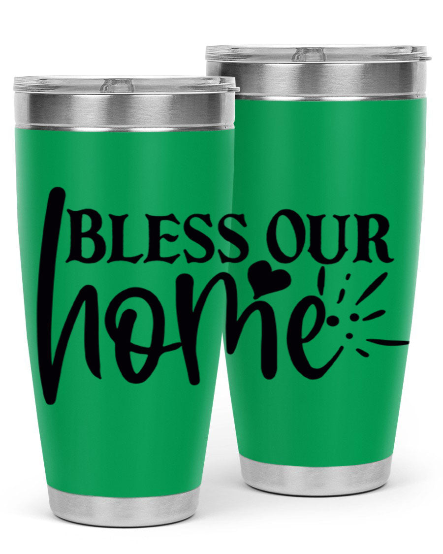 Bless Our Home 20oz Tumbler made of stainless steel with a copper lining, featuring a drink-thru lid, ideal for hot and cold beverages.