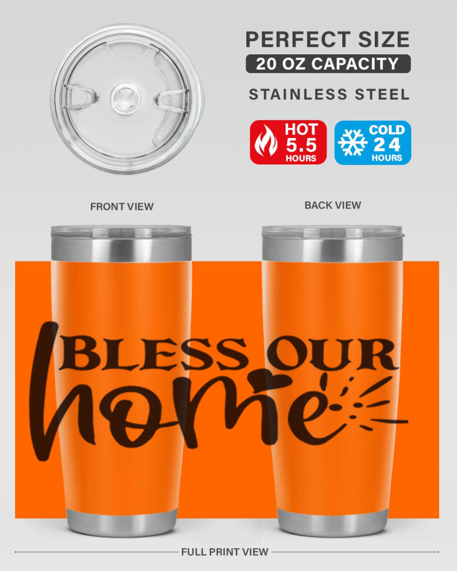 Bless Our Home 20oz Tumbler made of stainless steel with a copper lining, featuring a drink-thru lid, ideal for hot and cold beverages.