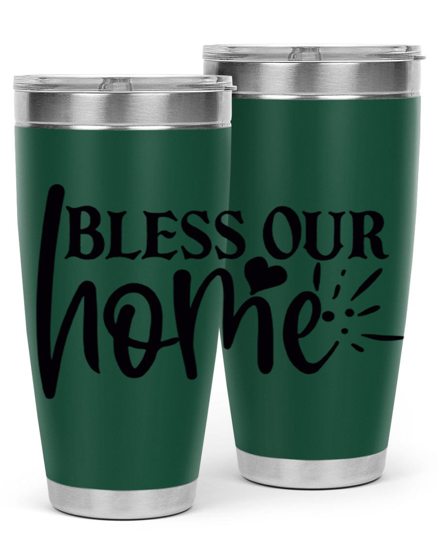 Bless Our Home 20oz Tumbler made of stainless steel with a copper lining, featuring a drink-thru lid, ideal for hot and cold beverages.