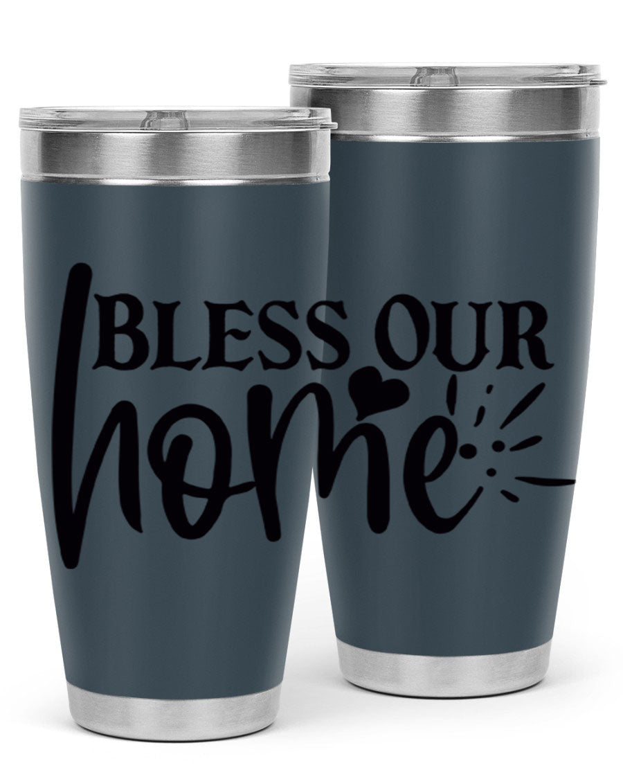 Bless Our Home 20oz Tumbler made of stainless steel with a copper lining, featuring a drink-thru lid, ideal for hot and cold beverages.