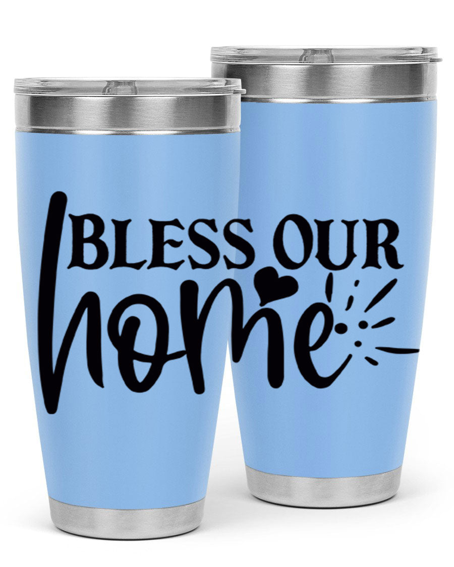 Bless Our Home 20oz Tumbler made of stainless steel with a copper lining, featuring a drink-thru lid, ideal for hot and cold beverages.