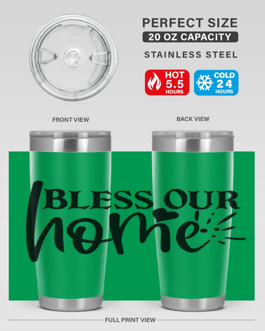 Bless Our Home 20oz Tumbler made of stainless steel with a copper lining, featuring a drink-thru lid, ideal for hot and cold beverages.