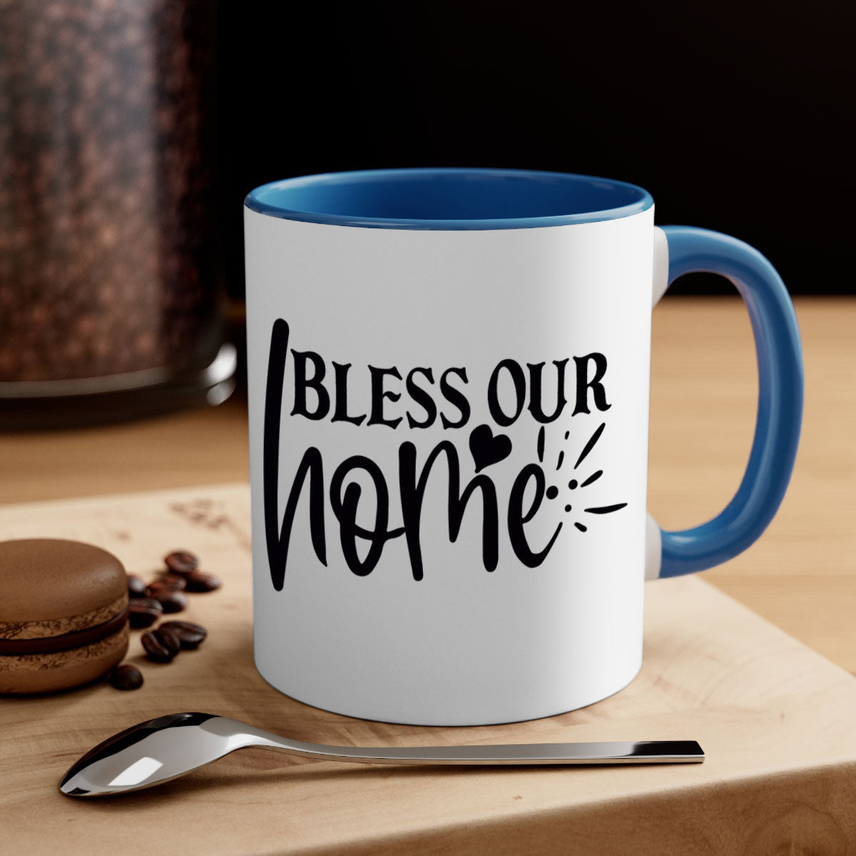 A stylish bless our home 86# Mug featuring a glossy finish, colored handle, and interior, available in multiple colors and sizes.