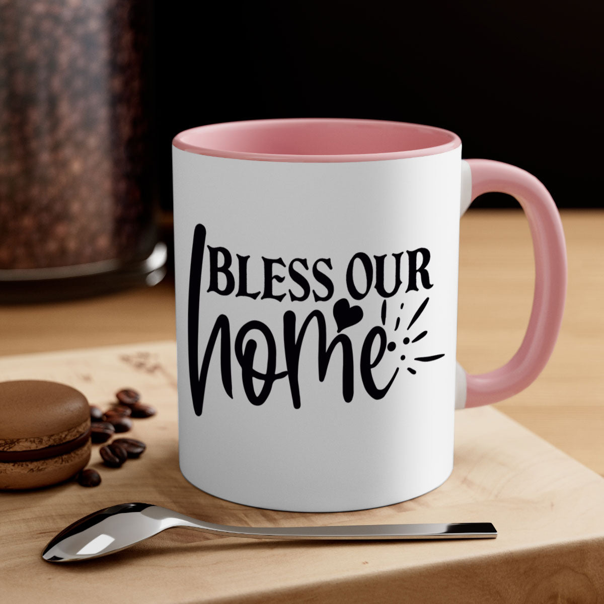 A stylish bless our home 86# Mug featuring a glossy finish, colored handle, and interior, available in multiple colors and sizes.