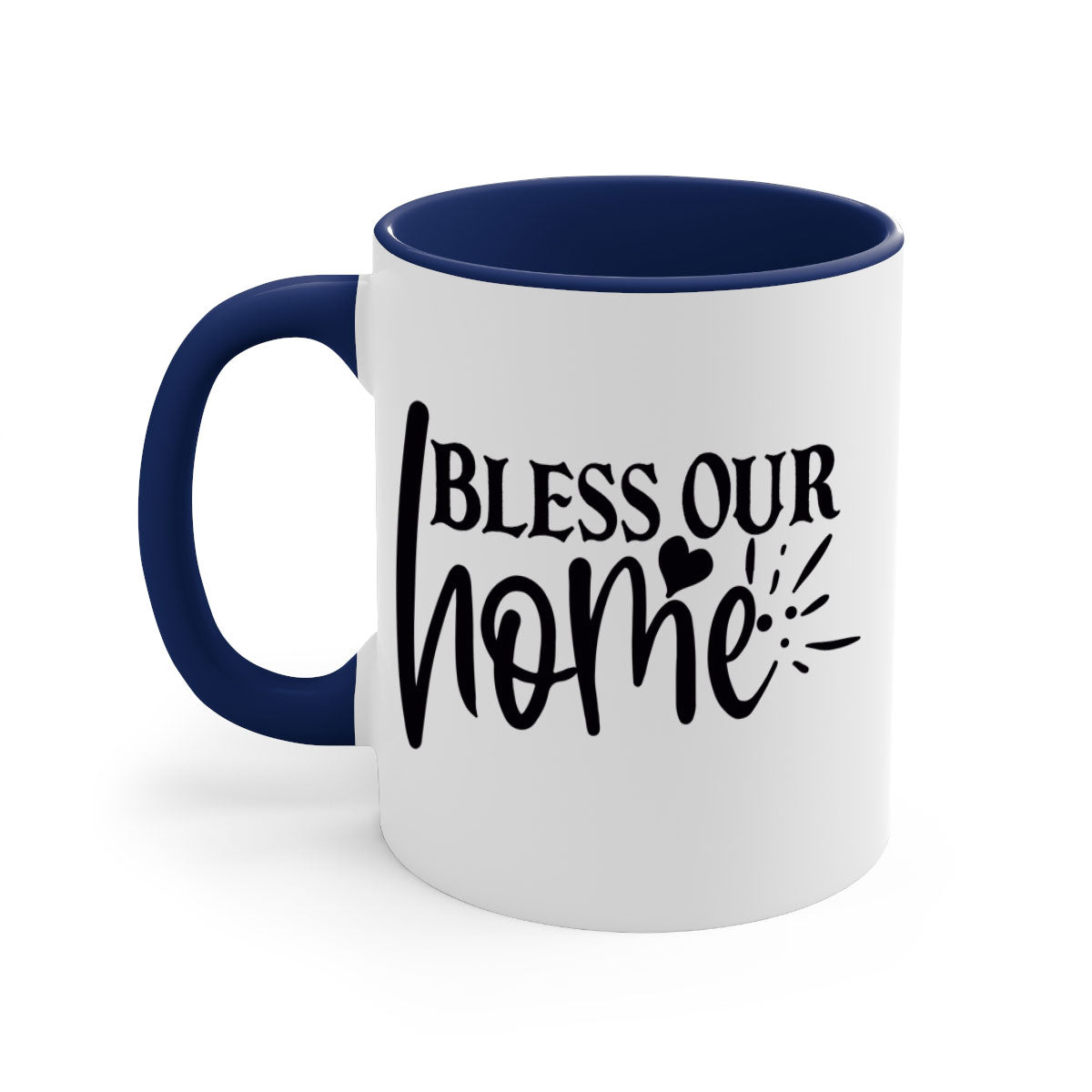 A stylish bless our home 86# Mug featuring a glossy finish, colored handle, and interior, available in multiple colors and sizes.