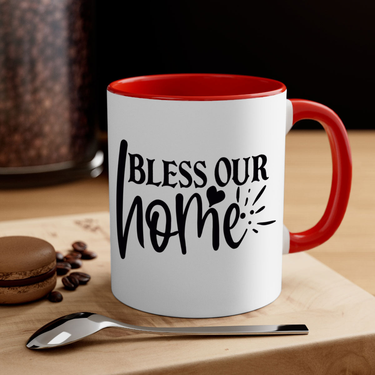 A stylish bless our home 86# Mug featuring a glossy finish, colored handle, and interior, available in multiple colors and sizes.