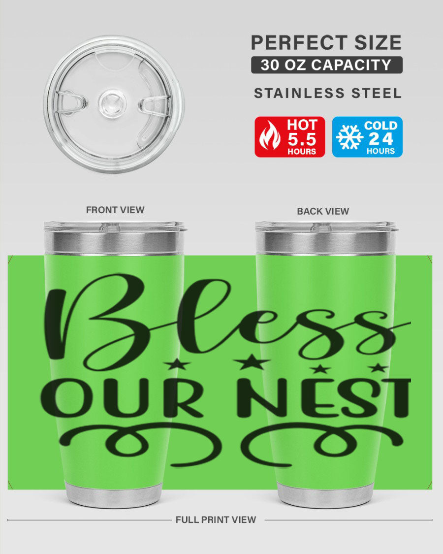 Bless Our Nest 20oz Tumbler in stainless steel with a vibrant printed design, showcasing its double wall vacuum insulation and drink-thru lid.